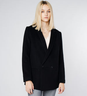 LEEZ Women Wool Double-breasted Loose Casual Coat Black